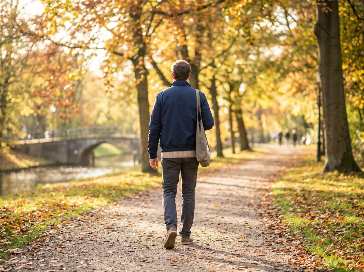 Man van achteren gezien op wandeling in park - dagelijks welzijn mannen 50 plus
